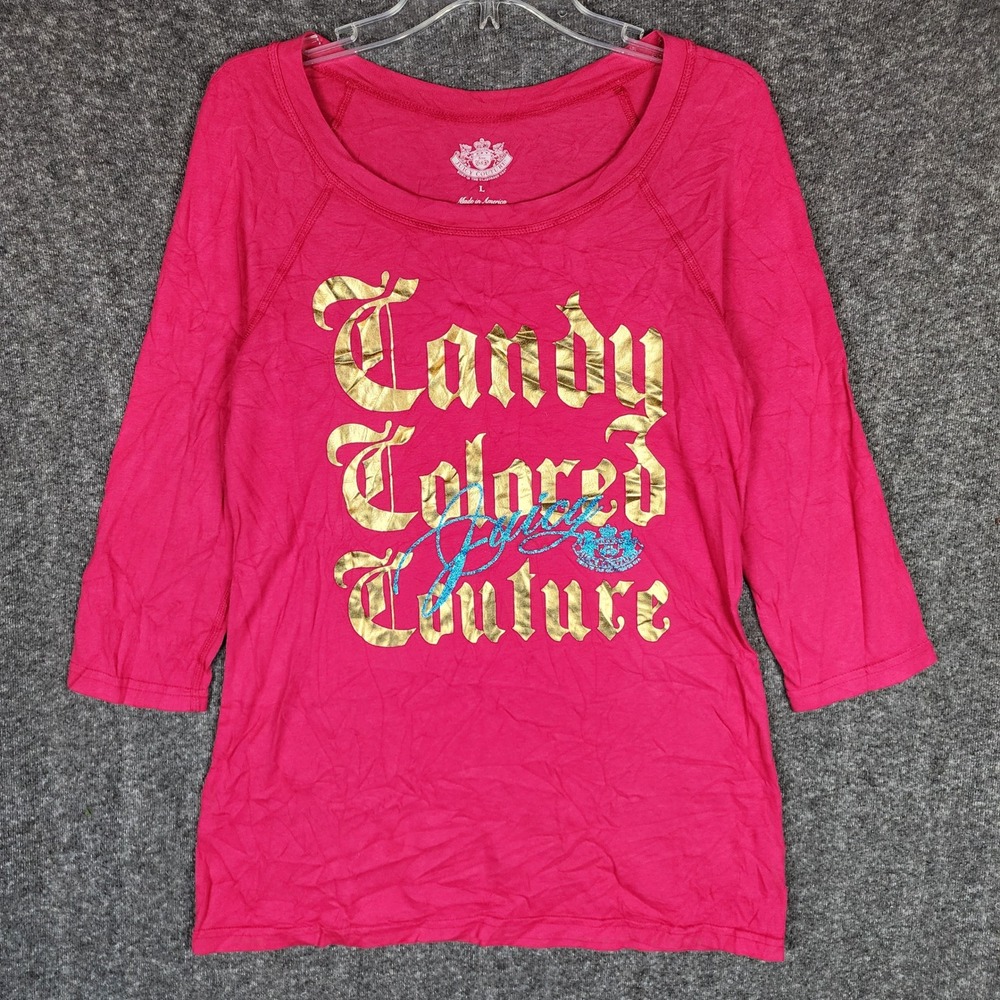 Juicy Couture Top Womens L JG003307 Pink Candy Colored Couture Graphic EUC